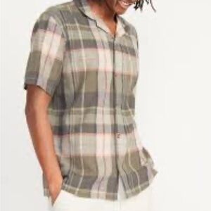 Old Navy Linen Blend Short Sleeve Gteen Plaid Button Down Shirt